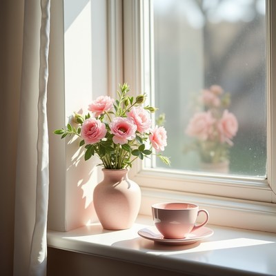 Fresh flowers and a cup on a sunny windowsill