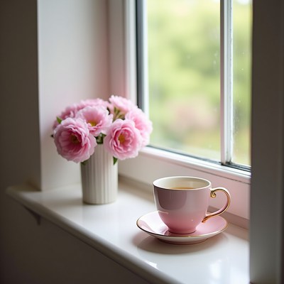Cozy tea time with flowers by the window in a bright room