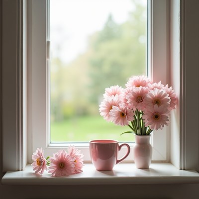 Pink flowers and cup on a window sill in a sunny setting