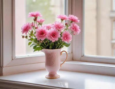 Flowers in a pink vase on a sunny windowsill