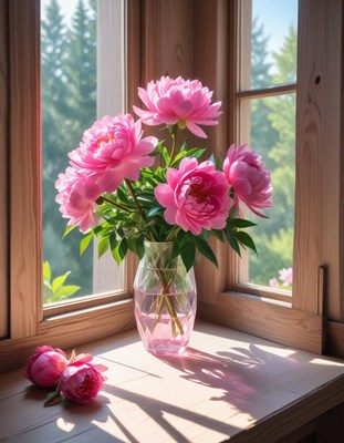 Beautiful peony bouquet in a sunlit window