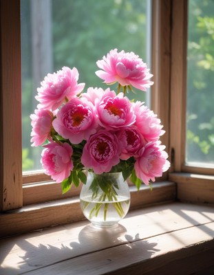 Bright pink peonies in a vase by a sunny window