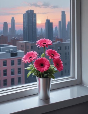 City skyline at sunset with pink flowers in window