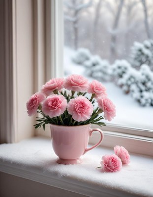 Pink carnations in a cup against a winter view