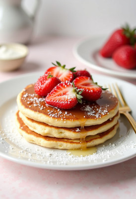 Stack of pancakes topped with fresh strawberries and syrup
