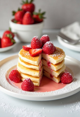 Delicious pancakes with fresh strawberries and syrup