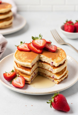 Delicious pancakes topped with fresh strawberries and syrup