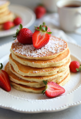 Delicious pancakes topped with strawberries and syrup