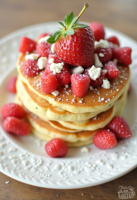 Fluffy pancakes topped with strawberries and raspberries
