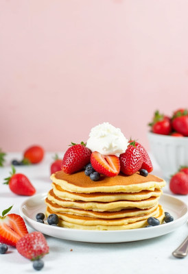Delicious pancake stack topped with fresh berries and cream