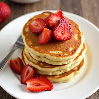 Fluffy pancakes topped with fresh strawberries on a plate