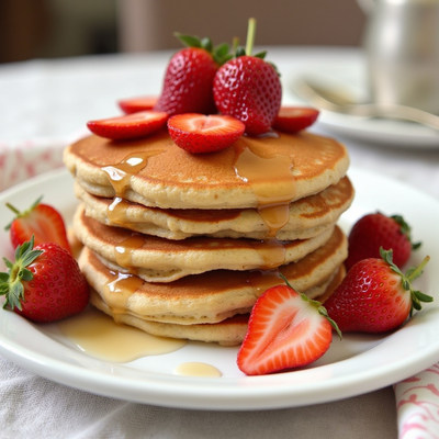Delicious pancakes topped with strawberries and syrup