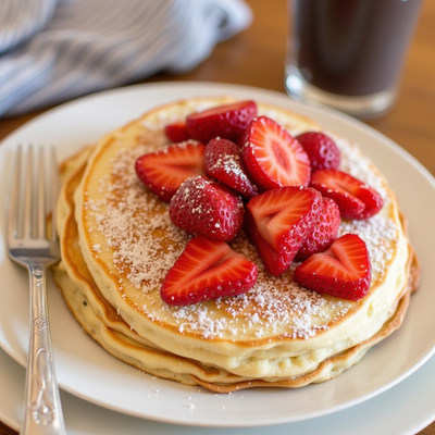Strawberry-topped pancakes with powdered sugar