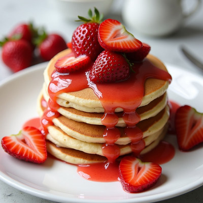 Delicious pancakes topped with fresh strawberries and syrup