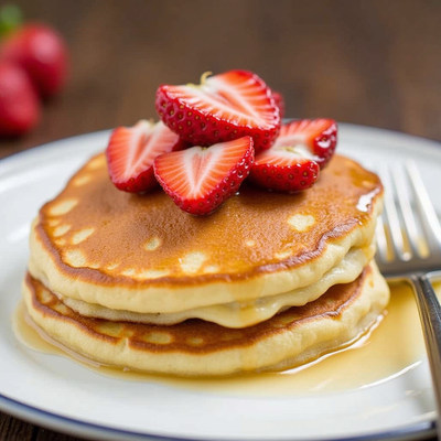 Fluffy pancakes topped with fresh strawberries and syrup