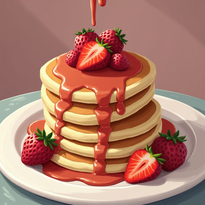 Delicious pancakes topped with strawberries and syrup