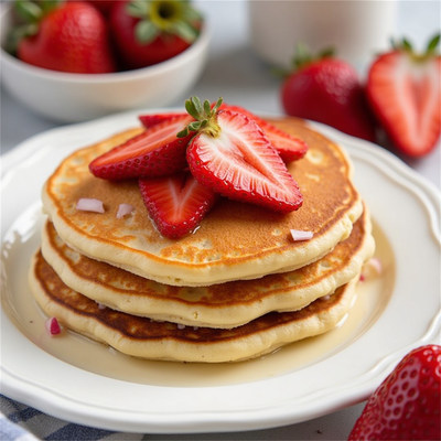Stack of fluffy pancakes with fresh strawberries and syrup