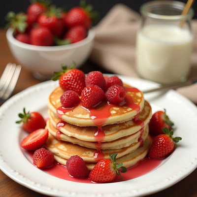 Delicious pancakes topped with fresh strawberries and syrup