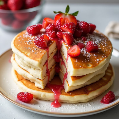 Delicious pancakes topped with fresh strawberries and syrup