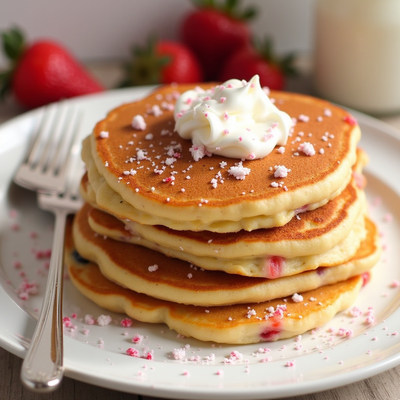 Delicious pancake stack with strawberries and whipped cream