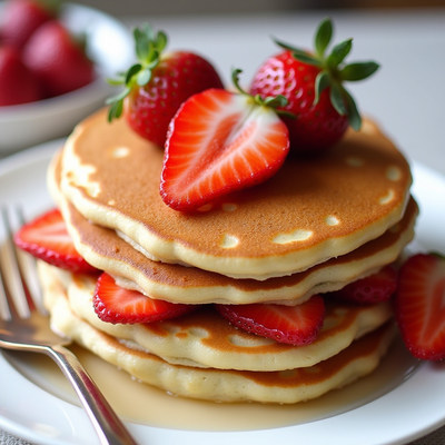 Stack of pancakes topped with fresh strawberries and syrup