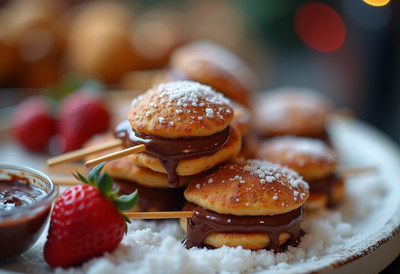 Mini pancakes with chocolate and strawberries served