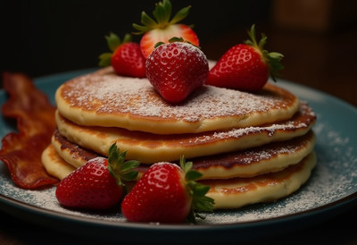 Delicious pancakes topped with fresh strawberries and bacon