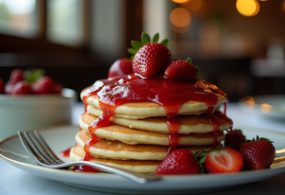 Pancakes topped with strawberry sauce and fresh berries