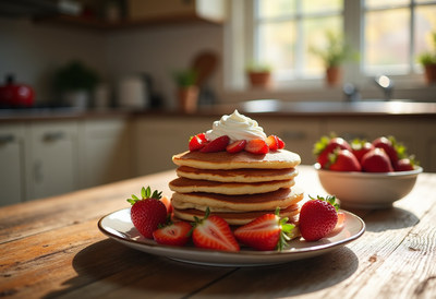 Fluffy pancakes topped with strawberries on a wooden table