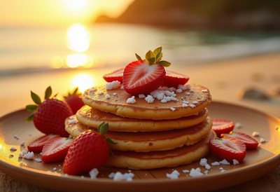 Delicious pancakes with strawberries on the beach at sunset
