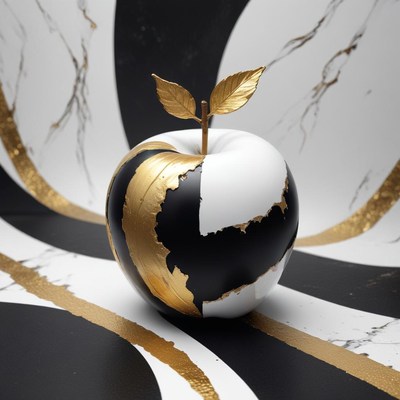 Unique apple sculpture blending black, white, and gold