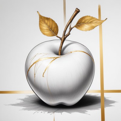 White apple with golden accents on a minimalist background