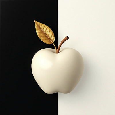 White apple with gold leaf on dark background