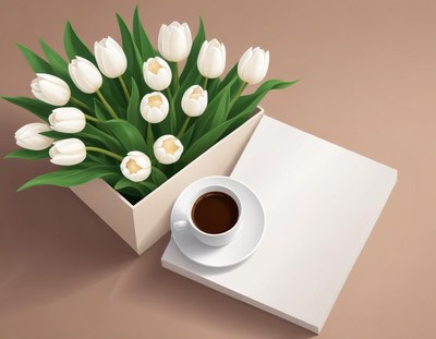 Coffee and white tulips create a serene morning setting