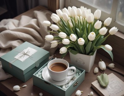 Cozy spring morning with coffee and tulips in a box