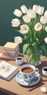Relaxing morning coffee with tulips and books on table