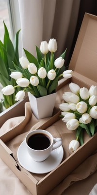 Elegant white tulips and coffee on a cozy table