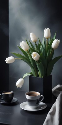 Coffee and white tulips in a cozy indoor setting