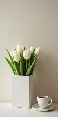 Elegant white tulips in a modern vase next to coffee
