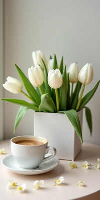 Fresh tulips and coffee on a calm morning table