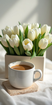 Warm coffee and fresh tulips brighten the morning