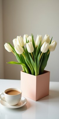 White tulips in a pink vase beside a cup of coffee