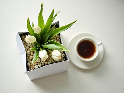 Coffee and white tulips on a minimalist table setting