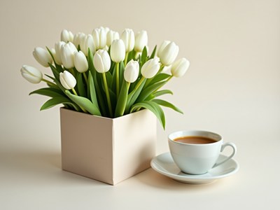 Fresh white tulips and coffee cup on a soft background