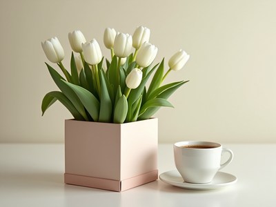 Elegant white tulips with coffee in a cozy setting