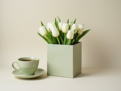 Beautiful white tulips and coffee cup on a soft background