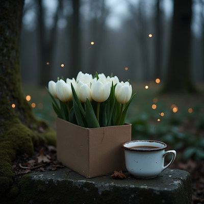 Flowers and coffee in a serene forest setting