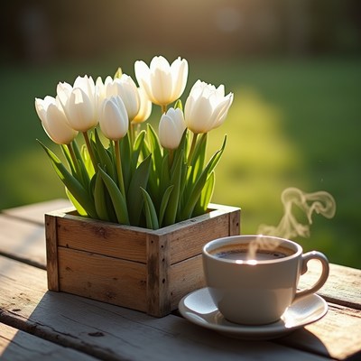 Morning coffee with white tulips in a wooden box