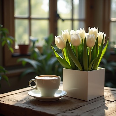 Morning coffee with white tulips in bright room