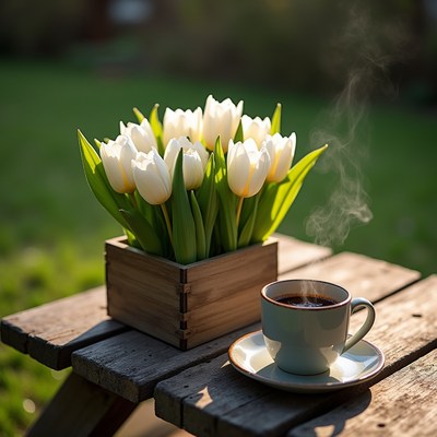 Enjoying coffee and tulips in a serene garden setting